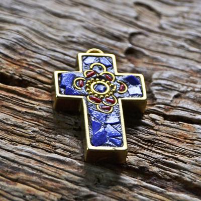 China TZSZJ Nepal Vintage Handmade Brass With Synthetic Lapis Lazuli Coral And Turquoise Christian Cross DIY Pendant Bead For Necklace Making for sale