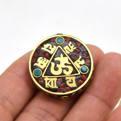 China Vintage TZ-A05 Nepal Handmade Tibetan Amulet Clay Round Brass Colorful Buddhism DIY Bead For Making Jewelry Bracelets Six-Word Incantation OM for sale