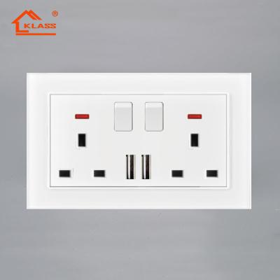 China UK 13A Double Panel Socket USB Port Copper Glass Wall Socket And Charger for sale