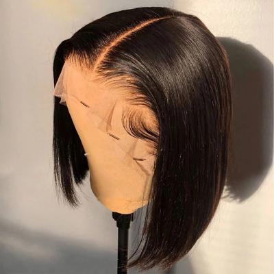 China Cheap price straight double drawn human hair short bob brazilian wigs lace up 100% hd natural black short blonde lead wig with bangs for sale