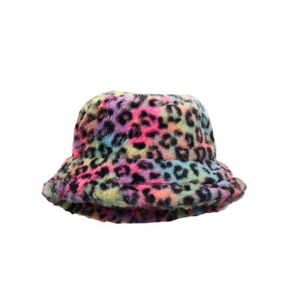 China Colorful Custom Image Women Winter Tie Dye Leopard Print Bucket Hat Faux Fur Bucket Hat for sale