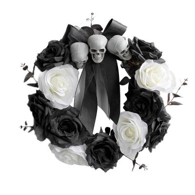 China Halloween Rose Skulls Wreath Rattan Branches for Front Door Window Wall Halloween Garland Home Decor Black Rose skulls weave door hanging decor for sale