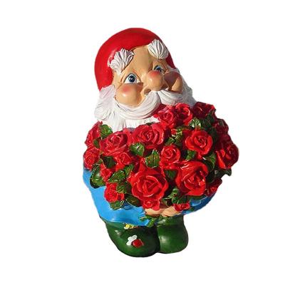 China Minimalist Garden Gnome with Rose Flower Outdoor Handmade Gnome Statue Hand Painted Gnome Decoration for Fairy Tale Home Decor for sale