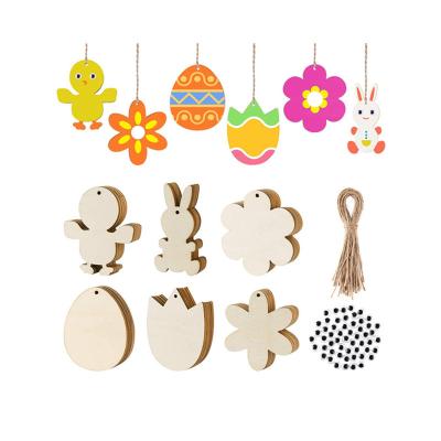 China Europe Wood Easter Tags Unfinished Wooden Eggs Bunny Chick Tulip Shape Cutouts Easter Ornaments Hang Tags with Strings Craft DIY Easter for sale