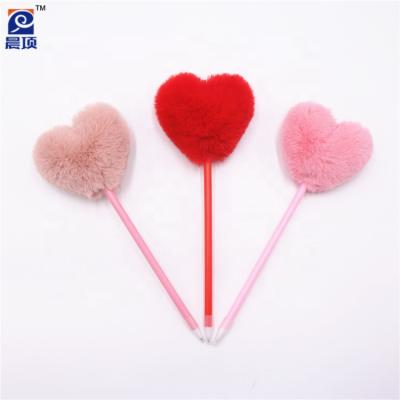 China Novelty love heart plush pen pom pom promotional advertising fluffy ballpoint pen for sale