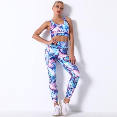 China 2021 High Waist Breathable Sports Leggings Tight Elastic Women Printed Leggings And Sports Bra Set Plus Size Yoga Sets for sale