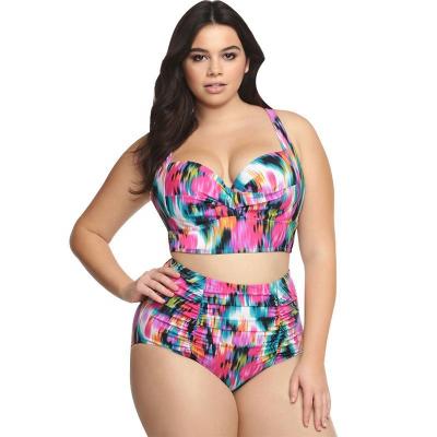 China 2021 Breathable Large Plus Size Swimwear Ladies Padded Floral Bikini High Waist Bikini Set Two Piece Swimsuit Beachwear For Women for sale