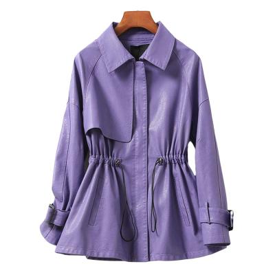 China Spring Casual Purple Faux Waterproof Leather Zipper Autumn Korean Clothes Streetwear Jacket Women Long Sleeve Drawstring for sale