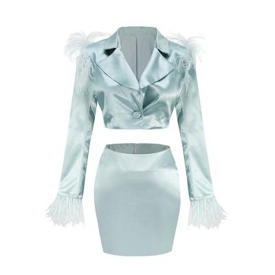 China Fashion Ladies Breathable Mini Skirt Suit Women Two-Piece Suits and Ostrich Silk Feather Tuxedo Feather Set for sale