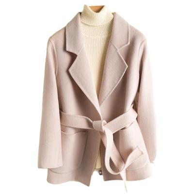 China Double Sided Cashmere Coat Breathable New Milk Brown Good Quality Belt Female Designer Woolen Coat for sale