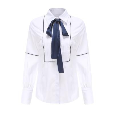 China Anti-pilling Women Fashion Elegant Lady Blouse Slim Lantern Sleeves Satin Bow Tie Shirt Spring Office for sale