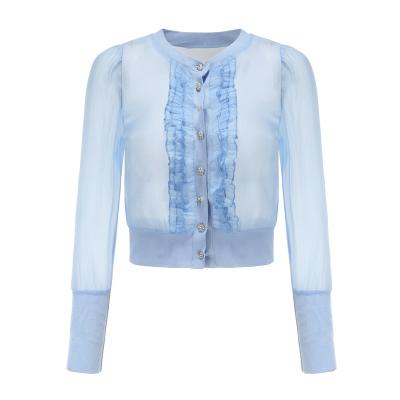 China High Fashion Women Puff Sleeves Faux Stone Blouse Buttons Office Lady Office Lady Blouse Elegant Spring O Neck Translucent Shirt for sale