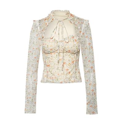 China Anti Shrink Women Fashion Chiffon Blouse Shirt Floral Print Elegant Women Fashion Floral Print Blouse Translucent Turtle Neck Tie for sale