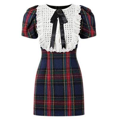 China New Design Washable Vintage Bodycon Plaid Dresses Peter Pan Collar With Brooch for sale