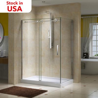 China Contemporary OEM ODM Bathroom Stainless Steel Handle Clear Glass Frameless Rectangular Sliding Shower Door for sale