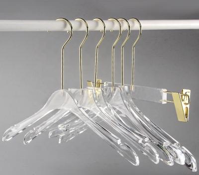 China Art Decor Acrylic Clothes Hanger with Gold Clips, Wholesale Cloth Baby Transparent Acrylic Clear Pants Hangers for Clothes for sale