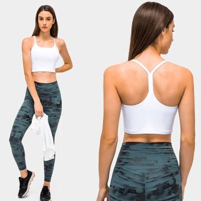 China Amazon I-Shape Breathable Hot Selling Beauty Back With Breast Pad Yoga Vest Sling Crop Sports Bra Shockproof Top for sale