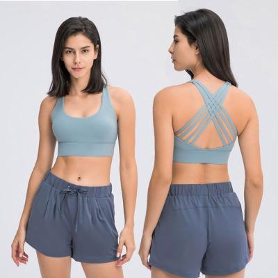 China Breathable Custom Logo Double Layer Swept Hairy Yoga Sports Bra Multiple Straps Cross Back Top Support Fitness Shockproof Bra for sale