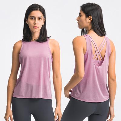 China New loose U-shaped four-way stretch blouse and cross back sports bra Two-in-one design short sleeve crop shirt women gym yoga sports top for sale