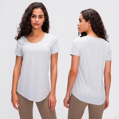 China New thin solid women's four-way stretch T-shirt double layers swept sexy running fitness women sports upper breathable high elastic for sale