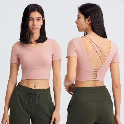 China New Four Way Stretch Cavity Back Leisure Tummy-Breaking Outdoor Sports Sheath Crop Top Women Casual T-Shirt For Yoga With Chest Pad for sale