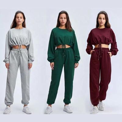 China 100%Cotton Long Sleeve Antibacterial Oversized Cropped Loose Sweatpants Sweatpants Workout Apparel Drawstring Sweatshirt Set For Women for sale