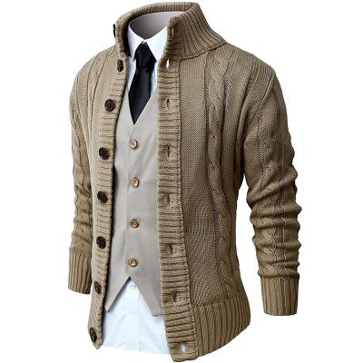 China Anti-Wrinkle Mens Long Sleeve Stand Collar Cardigan Sweaters Button Down Cable Knit Casual Sweater for sale