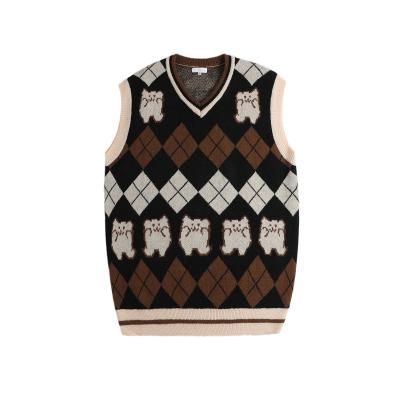 China Custom Made Anti-wrinkle Mens Argyle Bear Jacquard Sleeveless Sweater Classic V-Neck V-Neck Knitted Sweater Vest Men for sale