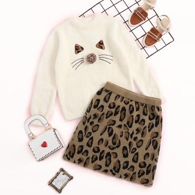 China Sweet Cat Embroidery Detail Fuzzy Sweater Girls Pompom Detail Top and Leopard Top Skirt Set Girls Knit Sweater for sale