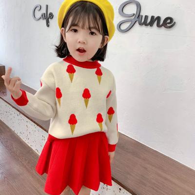 China Autumn Baby Girls Sweet Icecream Print Jacquard Knit Sweater Pleated Skirt Set Kids Casual Two Piece Set for sale