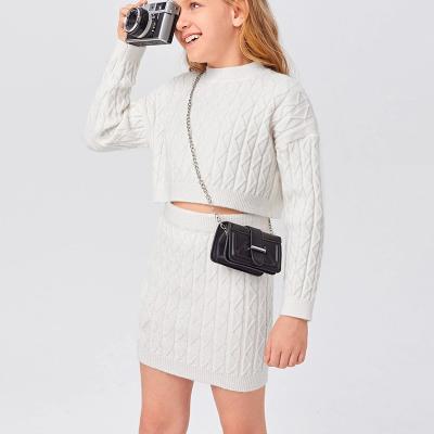 China OEM Soft Factory Custom Girls Drop Shoulder Sweater Solid Textured Top And Skirt Set Girls Cable Sweater for sale