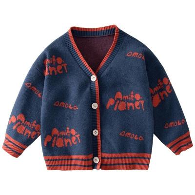 China Custom Kids Apparel Unisex Anti-Shrink V-Neck Boys Knitted Cardigan Sweater Jacquard Pattern Kids Boys Sweater for sale