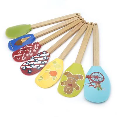 China Sustainable Hot Sale Heat Resistant Wood Handle Printing Silicone Spatula Cake Baking Tools for sale