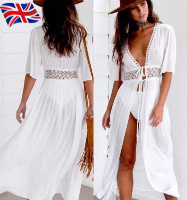 China Summer Washable Deep V-Neck Embroidery Lace Beach Wear Sun Protection Maxi Length Beach Dress for sale