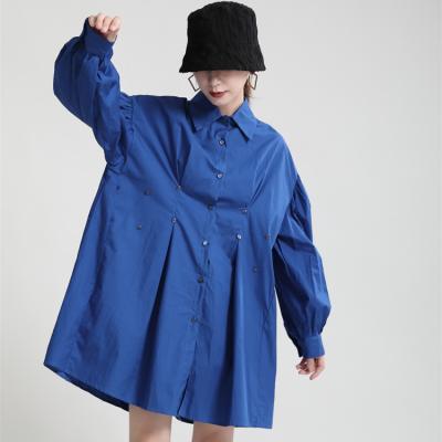 China Washable Women's Puff Sleeve Collar Casual Square Cotton Mini Shirt Dress Long for sale