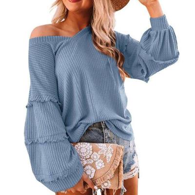 China Women's Breathable Casual V-Neck Ruffled Lantern Sleeve Knitted Sweatshirt Waffle Sweater for sale