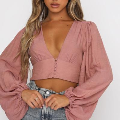 China Breathable High Quality Deep Lantern V-Neck Ladies Long Sleeve Button Up Wrap Shirts for sale