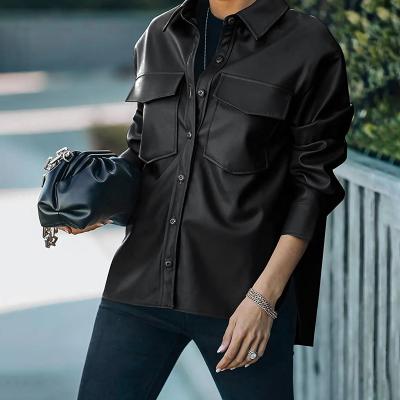 China PU Leather Casual Chest Pockets Loose Button-Up Waterproof Women Long Outwear Ladies Jackets for sale