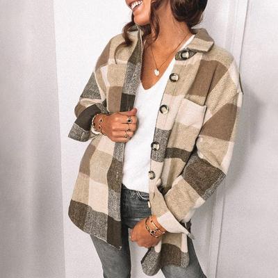 China Breathable Women's Casual Check Lapel Coats Single Breasted Outwear Flannel Plaid Long Coats Shirts for sale