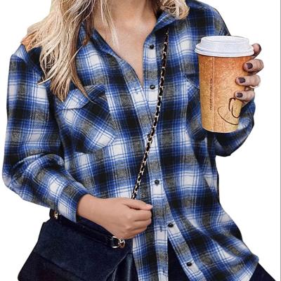 China Breathable Women's Casual Check Lapel Coats Single Breasted Outwear Flannel Plaid Long Coats Shirts for sale