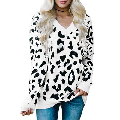 China Washable hot sale v neck three-color leopard jacquard print crochet vintage oversized sweater for sale