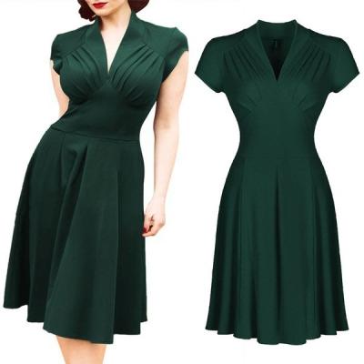 China Retro Style Anti-Static Western V-Neck Feminine Women Dress Hepburn Style Dress Slimming Elegant Custom Made Putty Skirt Short Sleeve Dress for sale