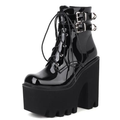 China New Breathable Women Ankle Boots Gothic Punk Lace Up Buckle Strap Zipper High Heeled Chunky Platform Ladies Motorcycle Shoes Plus Size for sale