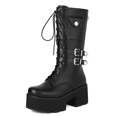 China Winter Breathable Women Where Motorcycle Midi Boots Small Pocket Buckle Strap Lace Up Ladies Shoes Microfiber Patent Leather Punk Gothic Tall Size for sale