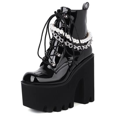 China Thermal Women Super High Heeled Thick Platform Boots With String Bead Metal Chain Zipper Lace Up Patent PU Ladies Leather Shoes Large Size for sale