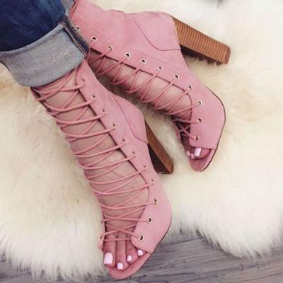 China Breathable Peep Toe Summer Boots Open Toe Lace Up Black Apricot Pink High Heel Ankle Boot Booties Sexy Thick Party Short Casual Shoes for sale