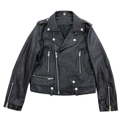 China Good Quality Sheepskin Black Short Casual Slim Punk Lychee Grain Coat Zipper Anti-wrinkle Anti-wrinkle Women's Leather Jacket for sale