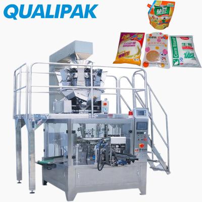 China Full automatic Qualipak food pillow doypack pouch hard soft zipper candy packing machine for sale