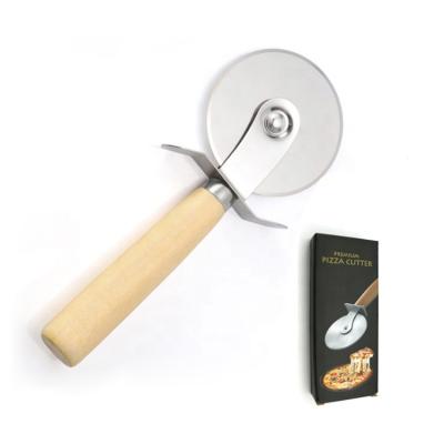 China Viable Logo Handle Stainless Steel Pizza Cutter Custom Wooden Wheel Super Sharp Pizza Cutter for sale