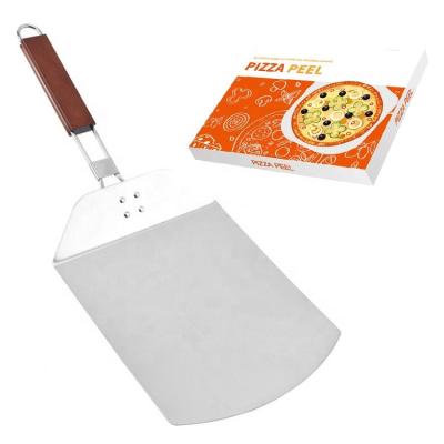 China Sustainable 430 stainless steel metal pizza spatula 9 inch pizza turning skin with foldable wooden handle for pizza oven for sale